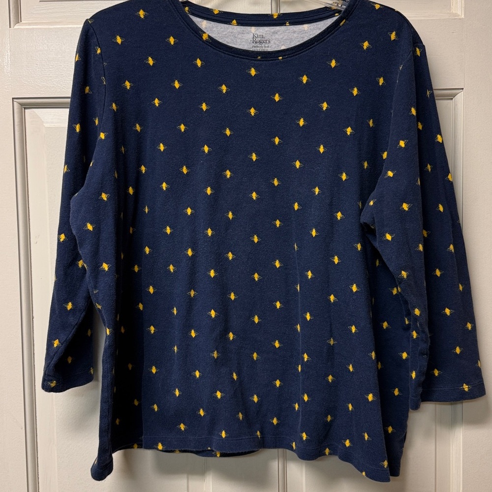 Kim Rogers Perfectly Soft XXL 100% Cotton 3/4 sleeve T-shirt navy w Yellow bees